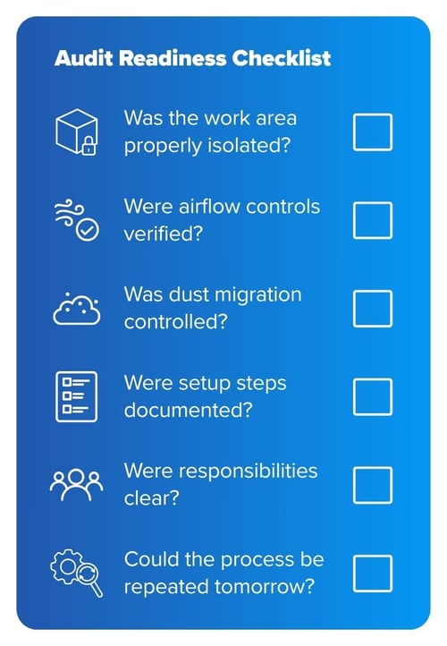 Audit readiness checklist for infection control verification, including isolation, airflow controls, dust migration, documentation, responsibilities, and repeatability.
