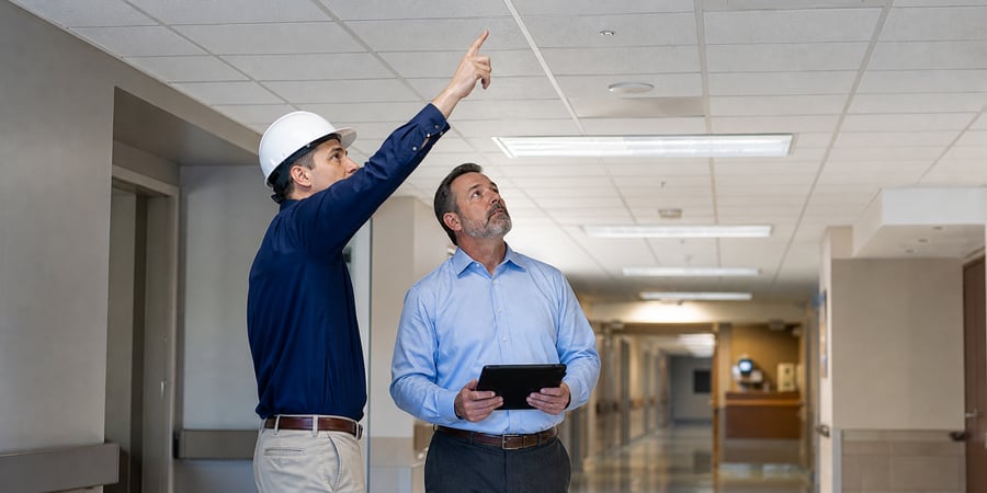 Facilities manager pointing at a ceiling tile in an active hospital corridor during containment setup.
