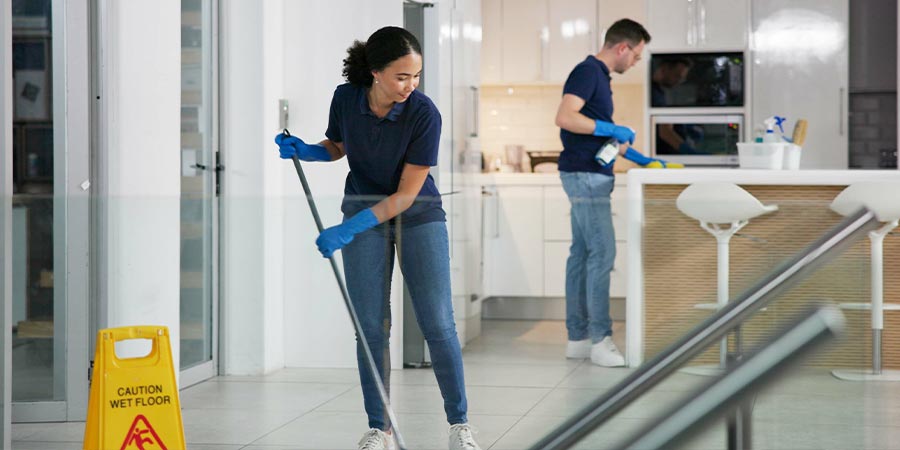 Two professional cleaners in matching navy polos and blue gloves clean a modern kitchen, one mopping the tile floor beside a wet floor caution sign and the other wiping down the counter.