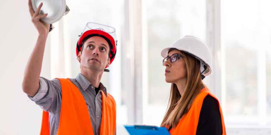 Workers in orange vest, replacing ceiling pieces