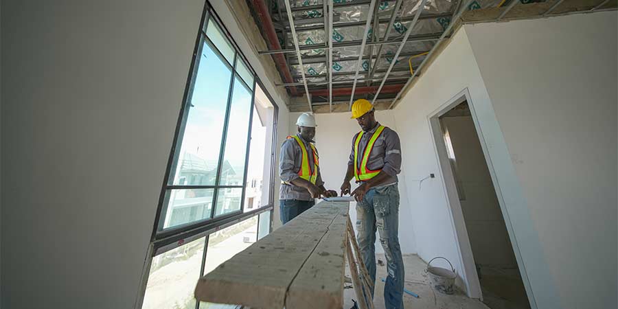 Construction workers reviewing plans inside a healthcare renovation space with exposed ceiling framing and active interior build-out